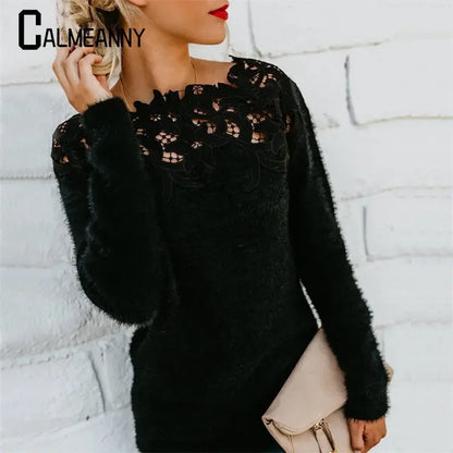 Autumn Winter Sweet Korean Fashion Casual Solid Pullover O-Neck Pullover Plush Warm Sweat Ladies Sweater Lace Women Knit Sweater