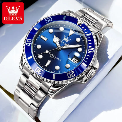 OLEVS 5885 Men's Watches Business Stainless Steel Strap Green Quartz Watch Waterproof Calendar Luminous High Quality Wristwatch