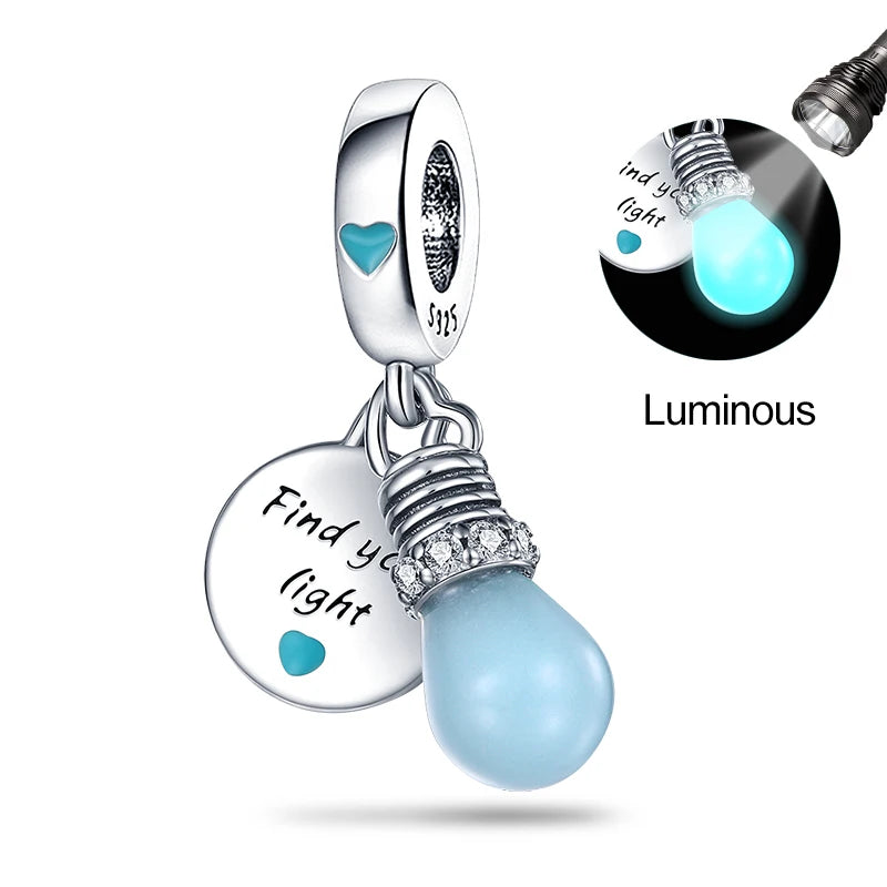 Hot Sales 925 Sterling Silver Luminous Firefly Light Bulb Star Moon Chameleon Charms Pendant Fit Original Bracelets DIY Jewelry