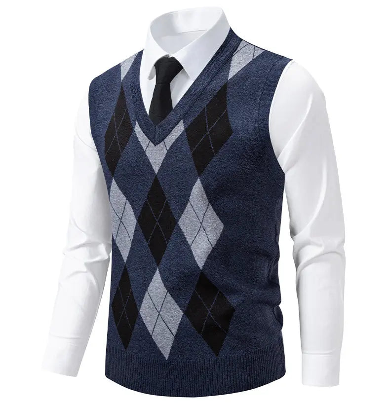 Men's Knit Vest Fashion Sweater Vest Argyle Pattern Waistcoat Fleece Lined Warm Vests