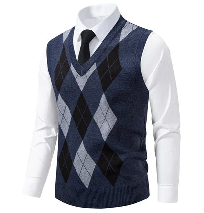 Men's Knit Vest Fashion Sweater Vest Argyle Pattern Waistcoat Fleece Lined Warm Vests