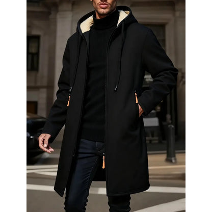 Men's Winter Warm Long Coat Zipper Jacket Zip Windbreaker Thick Fleece Windproof Overcoat Casual Contrast Color Hooded Jacket