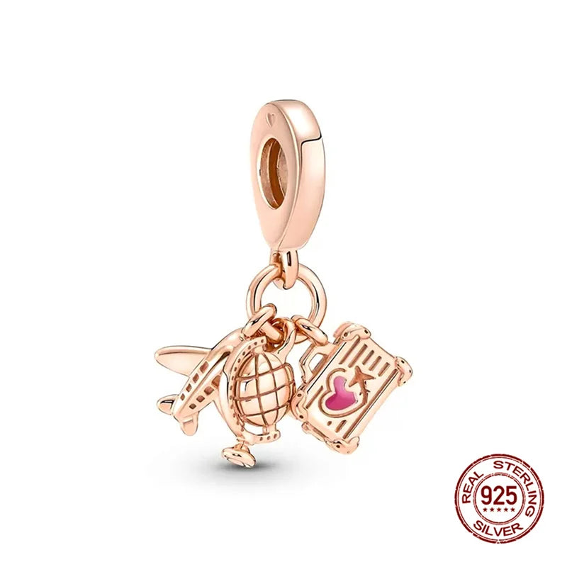 Original Charms 925 Silver Three-In-One Airplane Travel Luggage Charms Bead Fit 3mm Original Bracelet Womens DIY Jewelry Gifts