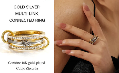 New Stainless Steel Cubic Zirconia Stackable Rings for Women 18k GoldPlating Multi-Link Connected Statement Ring Stack Jewelry