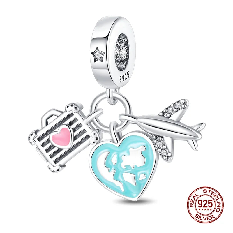 Original Charms 925 Silver Three-In-One Airplane Travel Luggage Charms Bead Fit 3mm Original Bracelet Womens DIY Jewelry Gifts