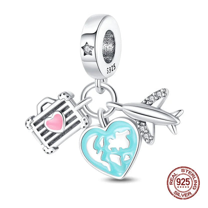 Original Charms 925 Silver Three-In-One Airplane Travel Luggage Charms Bead Fit 3mm Original Bracelet Womens DIY Jewelry Gifts