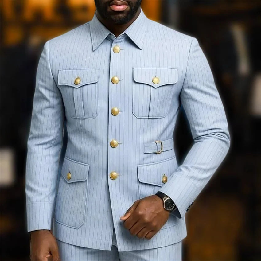 Stripe Safari Men's Suits with Stand Collar Single Breasted Slim Fit Male Fashion Daily Suit 2 Pieces Set Jacket Pants Outfits