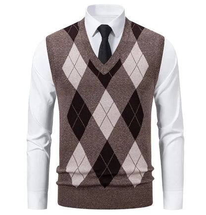 Men's Knit Vest Fashion Sweater Vest Argyle Pattern Waistcoat Fleece Lined Warm Vests