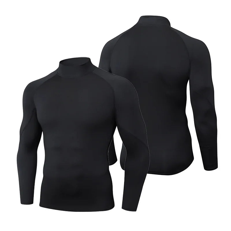 Men's High neck Long Sleeve Compression Shirts Cool Dry Sun Protection Sports Tights Undershirts Running Gym Tops