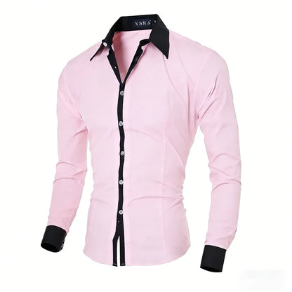 New men's black and white color-blocked spliced   shirt, outdoor street style, business casual long-sleeved lapel top for men.