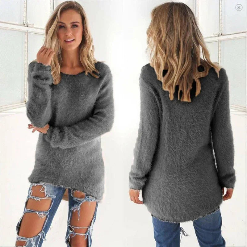 Women Warm Sweater Solid Color O Neck Loose Cotton Knitted Pullover Long Sweater Casual Oversize Blouse Ladies Hipster Clothing