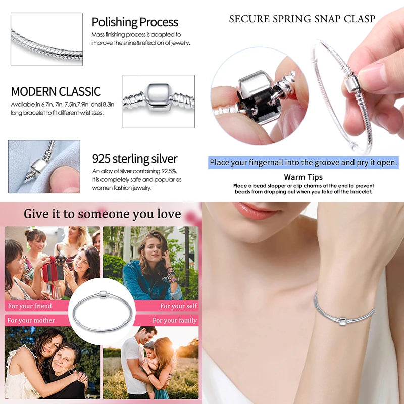 New in Original 925 Silver Snake Chain Bracelet Fits 3mm Original Charm Bead For Women Heart Bracelets Jewelry Gifts Hot