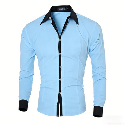 New men's black and white color-blocked spliced   shirt, outdoor street style, business casual long-sleeved lapel top for men.