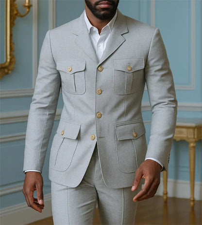 Stripe Safari Men's Suits with Stand Collar Single Breasted Slim Fit Male Fashion Daily Suit 2 Pieces Set Jacket Pants Outfits