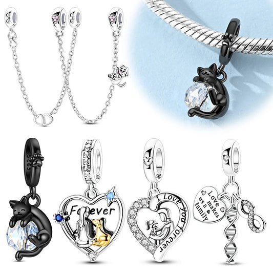 925 Silver Sparkling Cat Dog Charms Pendants Love Family Father Beads Fits Original Bracelet Gift for Women