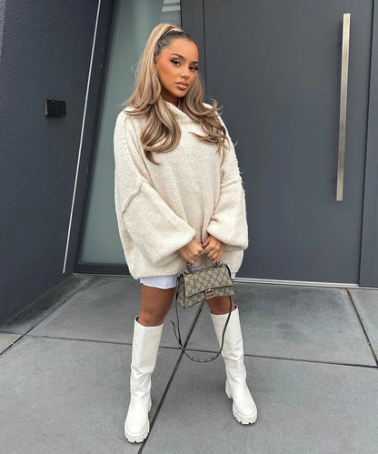 New Fall/winter Women's Sweater Solid Color Semi-turtleneck Casual Commuter Style Knit Pullover Loose Sweater Simple All-match