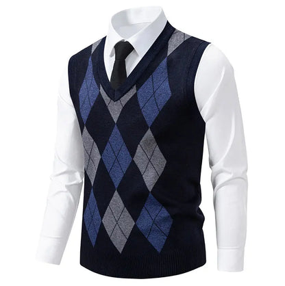 Men's Knit Vest Fashion Sweater Vest Argyle Pattern Waistcoat Fleece Lined Warm Vests