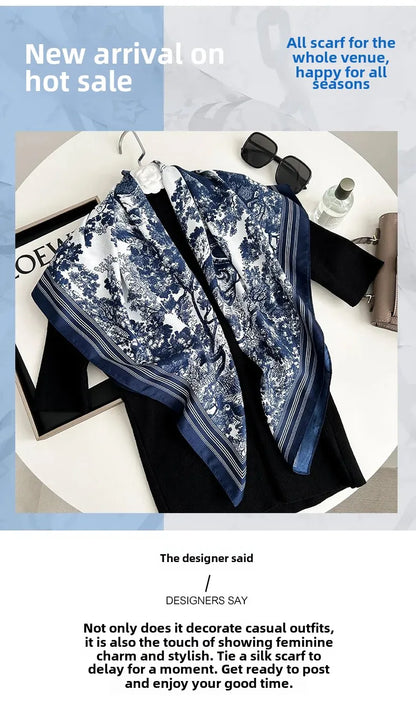 Autumn/Winter Cerulean Blue Green High-End Feel Silk Twill Scarf Women's Versatile Luxury Brand Printing Old Flower Design