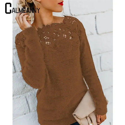 Autumn Winter Sweet Korean Fashion Casual Solid Pullover O-Neck Pullover Plush Warm Sweat Ladies Sweater Lace Women Knit Sweater
