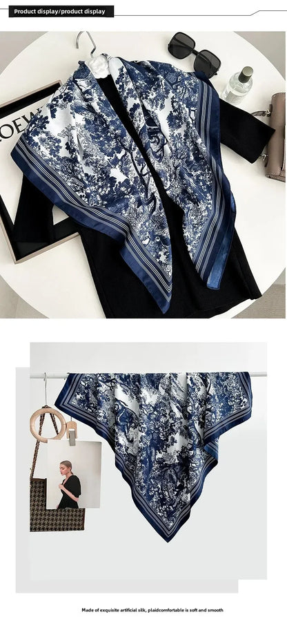 Autumn/Winter Cerulean Blue Green High-End Feel Silk Twill Scarf Women's Versatile Luxury Brand Printing Old Flower Design