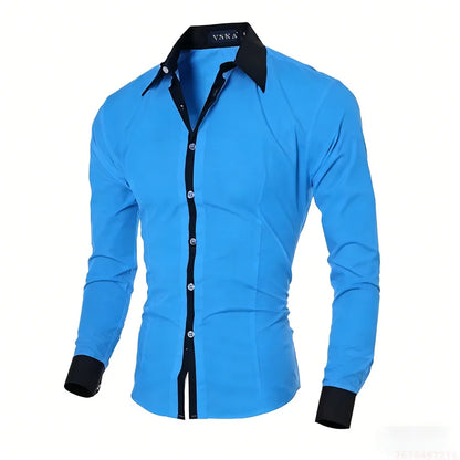 New men's black and white color-blocked spliced   shirt, outdoor street style, business casual long-sleeved lapel top for men.