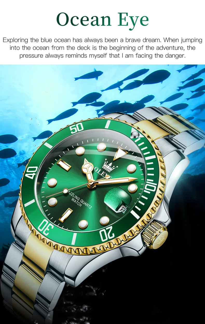 OLEVS 5885 Men's Watches Business Stainless Steel Strap Green Quartz Watch Waterproof Calendar Luminous High Quality Wristwatch
