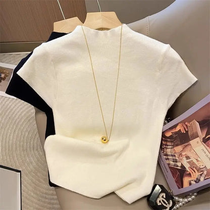 2026 Basic Turtleneck Solid Thin Summer Pullover Women Female Knitted Sweater Slim Short Sleeve Bodycon Sweater