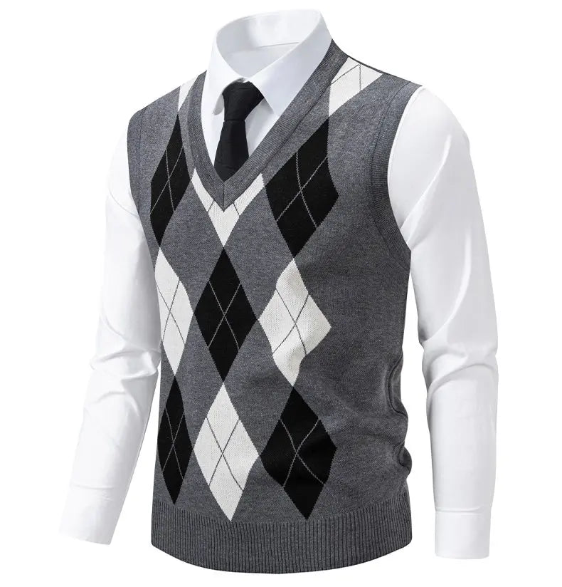 Men's Knit Vest Fashion Sweater Vest Argyle Pattern Waistcoat Fleece Lined Warm Vests