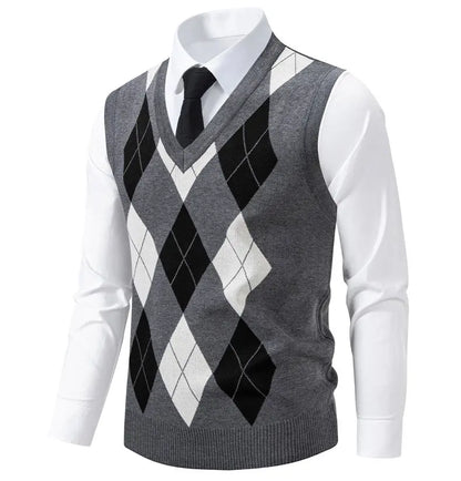 Men's Knit Vest Fashion Sweater Vest Argyle Pattern Waistcoat Fleece Lined Warm Vests