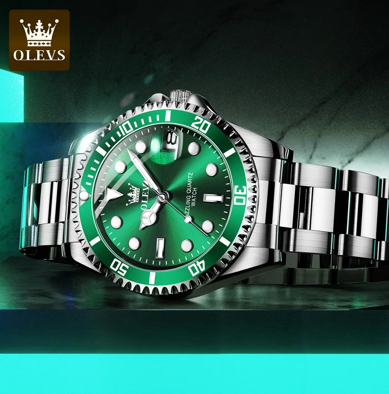 OLEVS 5885 Men's Watches Business Stainless Steel Strap Green Quartz Watch Waterproof Calendar Luminous High Quality Wristwatch