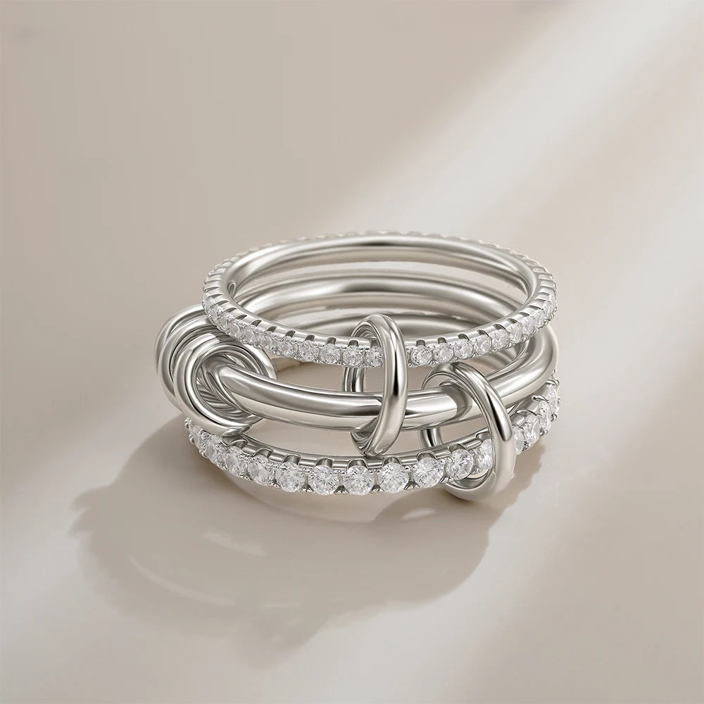 Multi-layer Stackable Finger Rings Shiny Cubic Zirconia Link Ring 18K Gold Plated Stainless Steel High Quality Jewelry Accessory