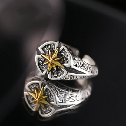 Retro Polaris North Star Adjustable Open Ring For Men Punk Gothic Edgy Copper Jewelry Unisex Accessories Good Fortune Love Gift