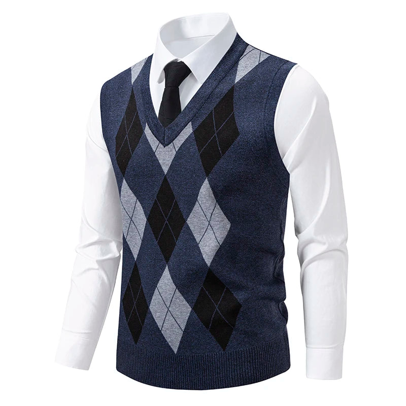 Men's Knit Vest Fashion Sweater Vest Argyle Pattern Waistcoat Fleece Lined Warm Vests