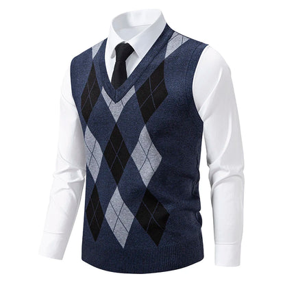 Men's Knit Vest Fashion Sweater Vest Argyle Pattern Waistcoat Fleece Lined Warm Vests