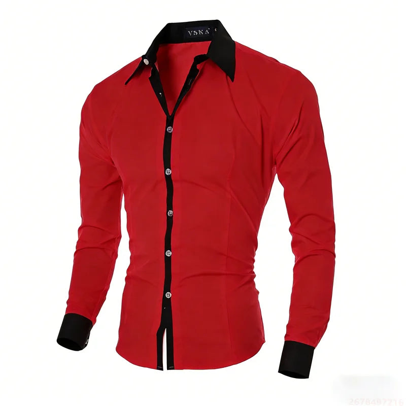 New men's black and white color-blocked spliced   shirt, outdoor street style, business casual long-sleeved lapel top for men.