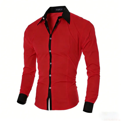 New men's black and white color-blocked spliced   shirt, outdoor street style, business casual long-sleeved lapel top for men.