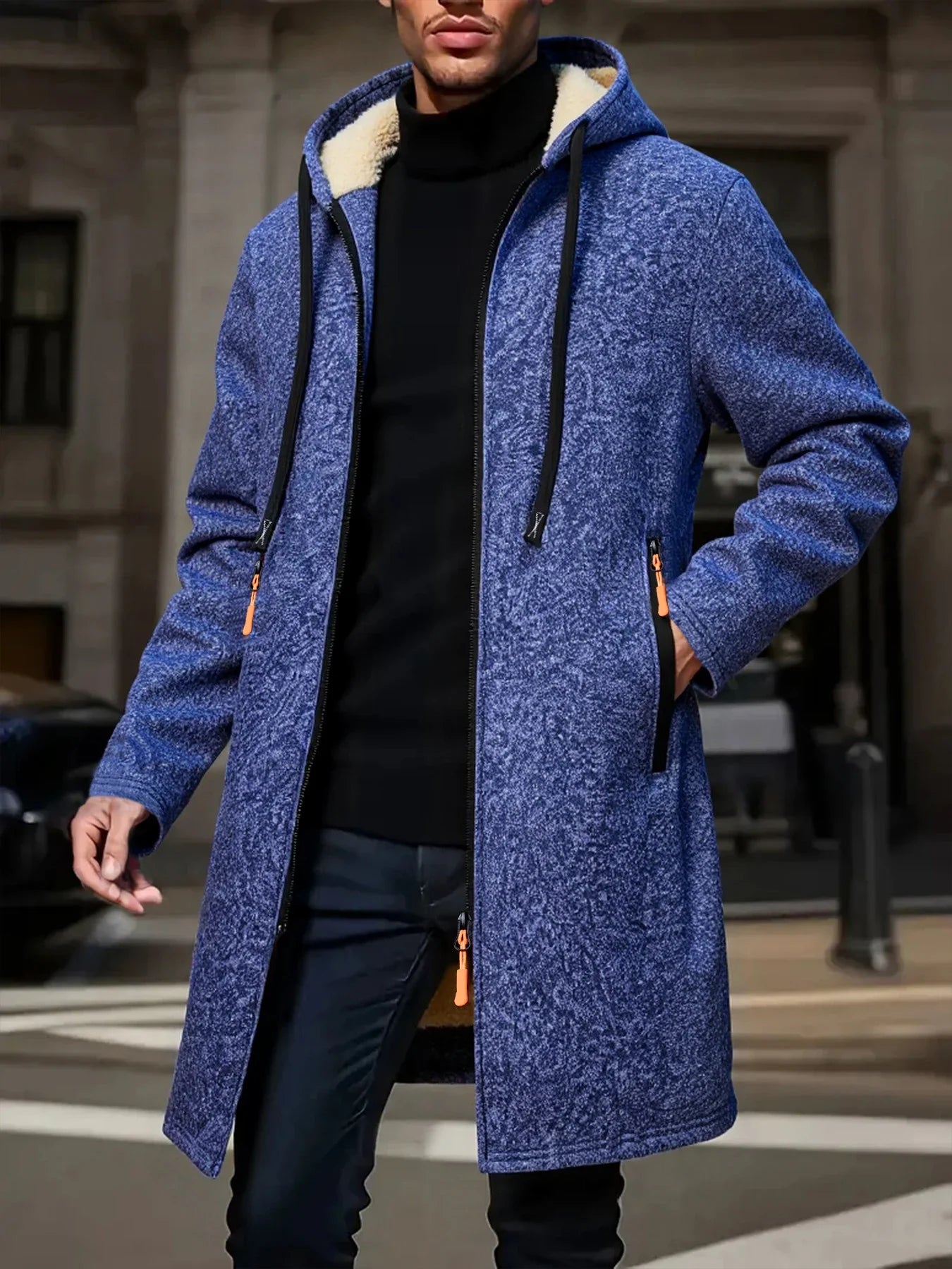 Men's Winter Warm Long Coat Zipper Jacket Zip Windbreaker Thick Fleece Windproof Overcoat Casual Contrast Color Hooded Jacket