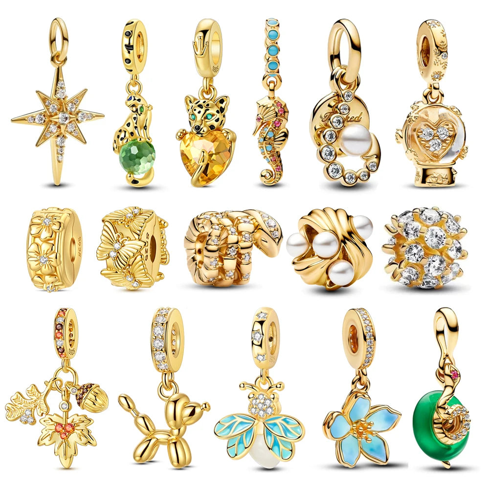 Gold Series 925 Sterling Silver Firefly Leopard Seahorse Crystal Ball Flower Charm Fit DIY Bracelet Necklace Boutique Party Gift