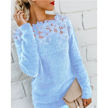 Autumn Winter Sweet Korean Fashion Casual Solid Pullover O-Neck Pullover Plush Warm Sweat Ladies Sweater Lace Women Knit Sweater