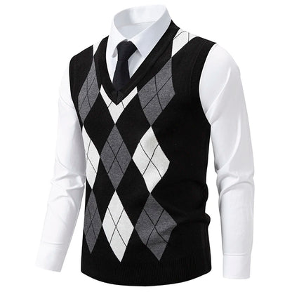 Men's Knit Vest Fashion Sweater Vest Argyle Pattern Waistcoat Fleece Lined Warm Vests