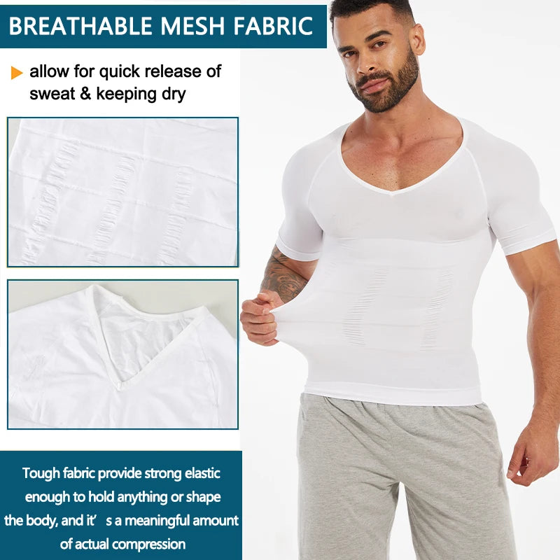 Mens Slimming Compression Shirt Body Shaper V-Neck Undershirt Shirts Workout Abs Abdomen Tummy Control Shapewear Tops